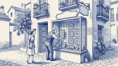 Azulejo en azul cobalto: en el escaparate de una tienda con retratos enmarcados de pisos, el tendero gira uno hacia la pared mientras un gestor lo observa con disgusto desde la calle; un gato dormido en la vitrina
