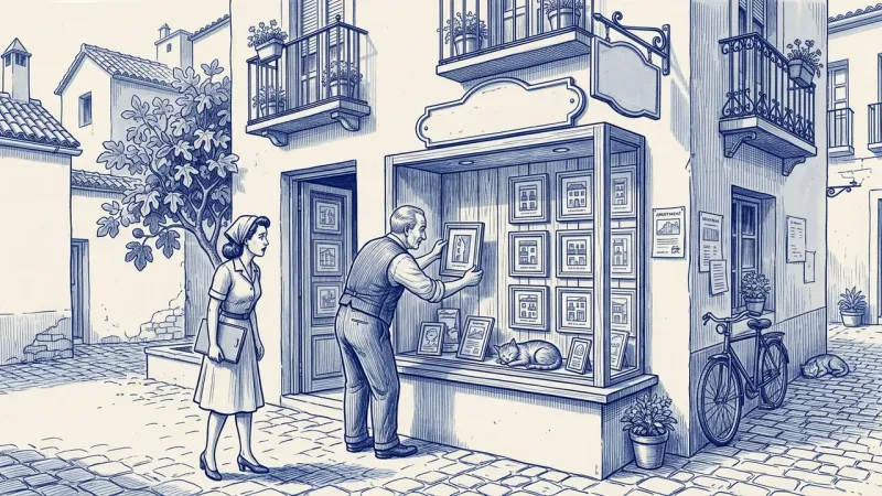Azulejo en azul cobalto: en el escaparate de una tienda con retratos enmarcados de pisos, el tendero gira uno hacia la pared mientras un gestor lo observa con disgusto desde la calle; un gato dormido en la vitrina