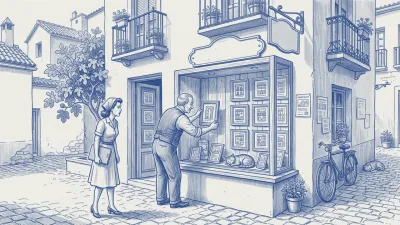 Cobalt-on-white azulejo: in a shop window of framed apartment portraits, the shopkeeper turns one to face the wall while a manager watches dismayed from the street; a cat asleep in the display