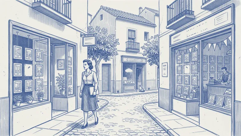 Una gestora con una carpeta bajo el brazo camina por una calle española entre dos escaparates de retratos de pisos enmarcados, uno escaso y cuidado con plantas y otro abarrotado de marcos y banderines con un dependiente al fondo; ambos con un hueco libre en el expositor; un gato observa calle abajo
