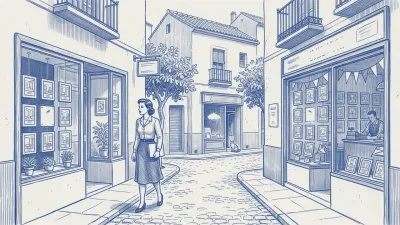 Una gestora con una carpeta bajo el brazo camina por una calle española entre dos escaparates de retratos de pisos enmarcados, uno escaso y cuidado con plantas y otro abarrotado de marcos y banderines con un dependiente al fondo; ambos con un hueco libre en el expositor; un gato observa calle abajo