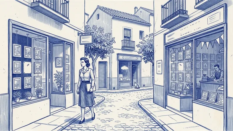 Una gestora con una carpeta bajo el brazo camina por una calle española entre dos escaparates de retratos de pisos enmarcados, uno escaso y cuidado con plantas y otro abarrotado de marcos y banderines con un dependiente al fondo; ambos con un hueco libre en el expositor; un gato observa calle abajo