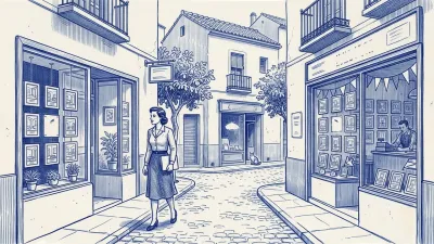 Una gestora con una carpeta bajo el brazo camina por una calle española entre dos escaparates de retratos de pisos enmarcados, uno escaso y cuidado con plantas y otro abarrotado de marcos y banderines con un dependiente al fondo; ambos con un hueco libre en el expositor; un gato observa calle abajo