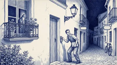 De noche, bajo un farol, un gestor con carpeta azul coloca a escondidas una caja de llaves en el lateral del marco de una puerta, mirando de reojo; un gato lo observa desde una ventana