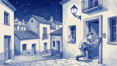 At night, under a lantern, a property manager with a blue folder furtively fixes a key lockbox to the side of a door frame, glancing around; a cat watches from a window