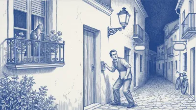At night, under a lantern, a property manager with a blue folder furtively fixes a key lockbox to the side of a door frame, glancing around; a cat watches from a window