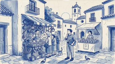 At a Spanish market, a manager with a blue folder weighs an overflowing kitchenware stall with a queue against a small tidy stall selling a single product