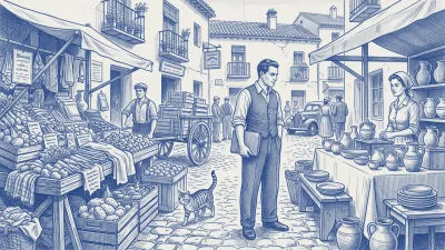 En un mercado español, un gestor con carpeta azul duda entre un puesto abarrotado de cacharros con cola de clientes y un puesto pequeño y ordenado que vende un solo producto