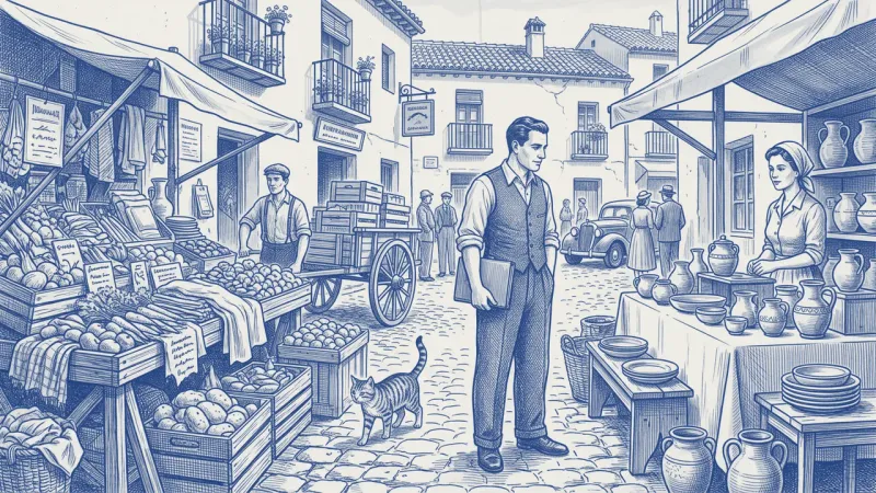 En un mercado español, un gestor con carpeta azul duda entre un puesto abarrotado de cacharros con cola de clientes y un puesto pequeño y ordenado que vende un solo producto
