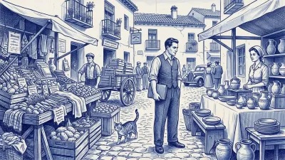 En un mercado español, un gestor con carpeta azul duda entre un puesto abarrotado de cacharros con cola de clientes y un puesto pequeño y ordenado que vende un solo producto