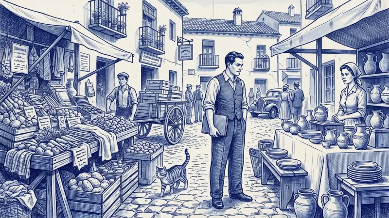En un mercado español, un gestor con carpeta azul duda entre un puesto abarrotado de cacharros con cola de clientes y un puesto pequeño y ordenado que vende un solo producto