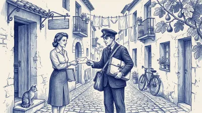 Una gestora con carpeta azul intercambia sobres con el cartero en una calle española: él le devuelve uno de su cartera y ella le entrega el corregido; un gato observa desde el portal