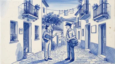 A manager with a blue folder swaps envelopes with the village postman in a Spanish street: he hands one back from his bag as she gives him the corrected one; a cat watches from a doorway