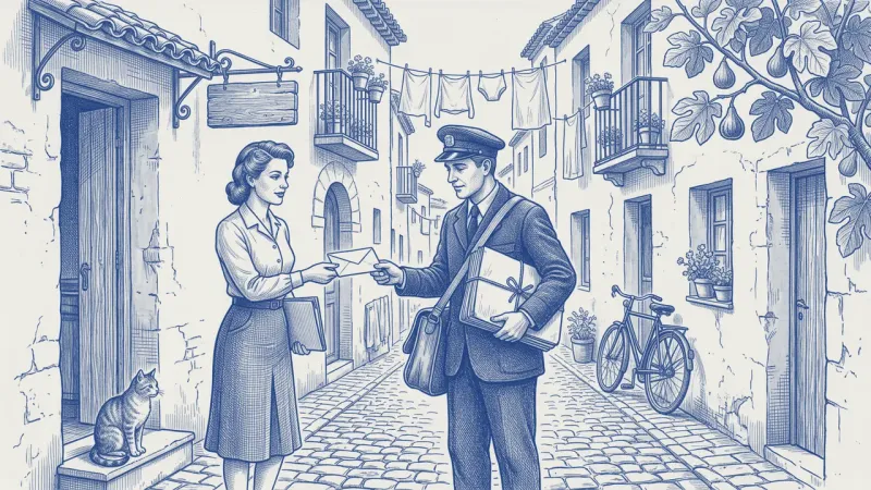 A manager with a blue folder swaps envelopes with the village postman in a Spanish street: he hands one back from his bag as she gives him the corrected one; a cat watches from a doorway