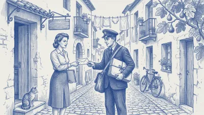 A manager with a blue folder swaps envelopes with the village postman in a Spanish street: he hands one back from his bag as she gives him the corrected one; a cat watches from a doorway