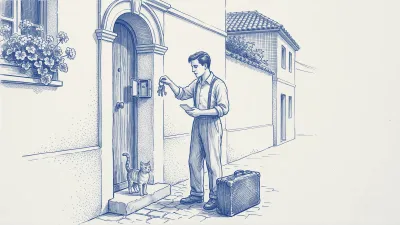 Azulejo en azul cobalto: un huésped con maleta saca las llaves de la caja del portal con el móvil en la otra mano; nadie lo recibe salvo un gato sentado en el escalón como un pequeño conserje
