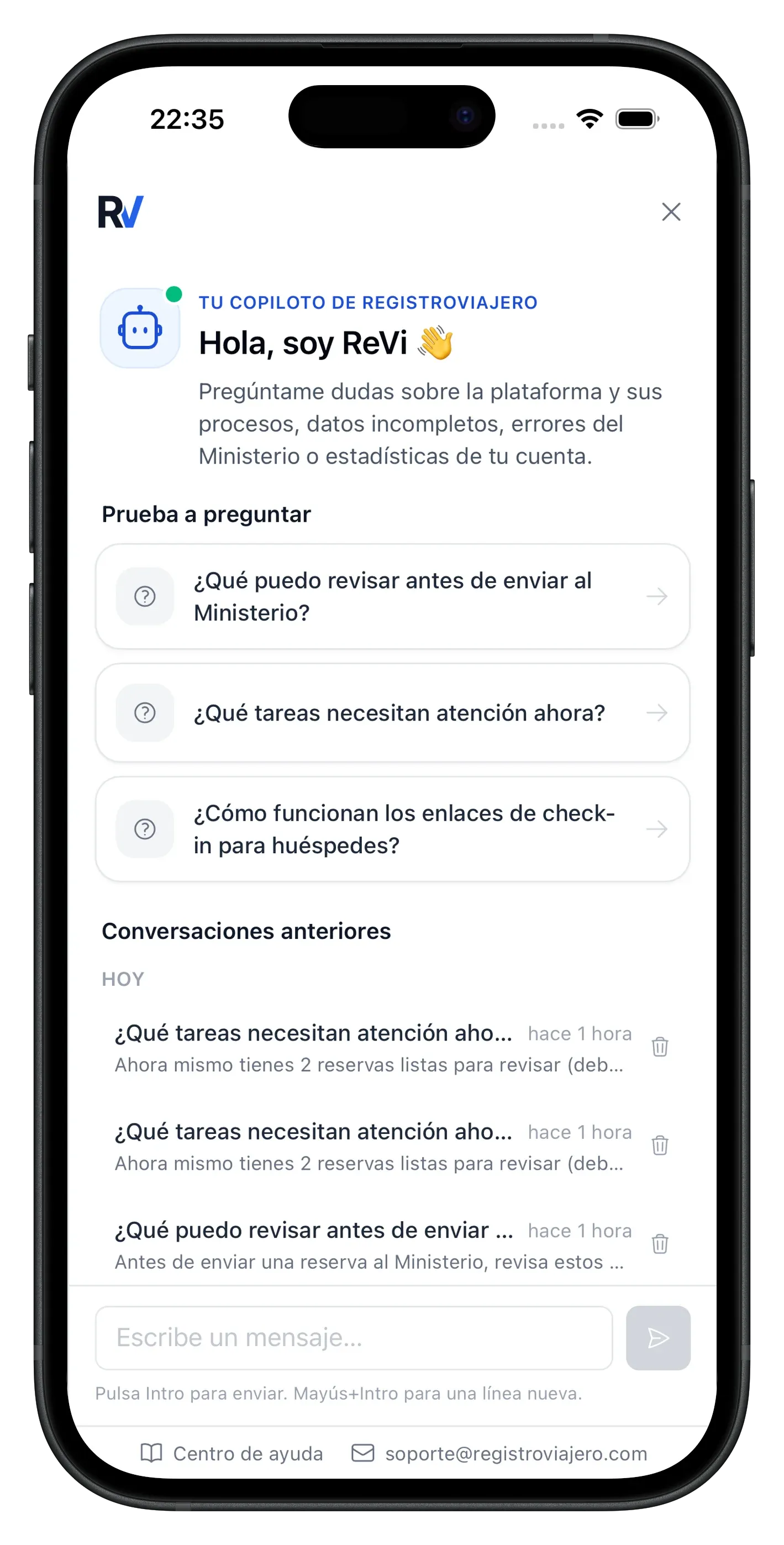 ReVi assistant inside the RegistroViajero app