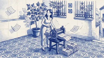A manager works a small blue-crank press on a Spanish patio: loose papers go in one side and come out in twine-tied bundles; a fig tree heavy with figs behind