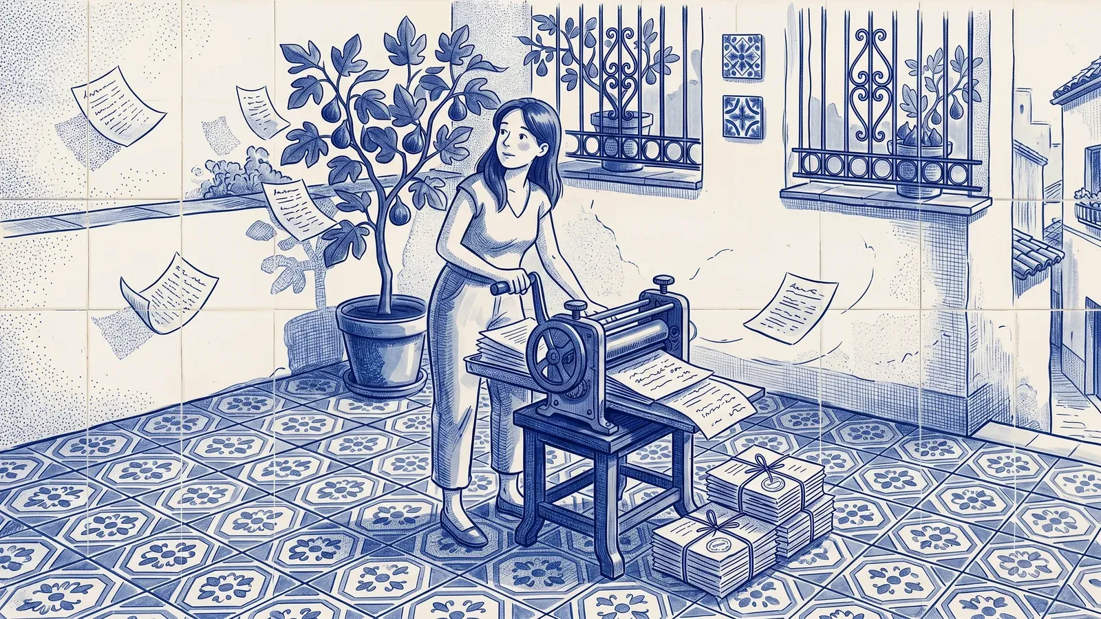 A manager works a small blue-crank press on a Spanish patio: loose papers go in one side and come out in twine-tied bundles; a fig tree heavy with figs behind