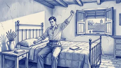 Ilustración editorial: un gestor se despierta en una habitación mediterránea soleada con contraventanas de madera, listo para empezar el día