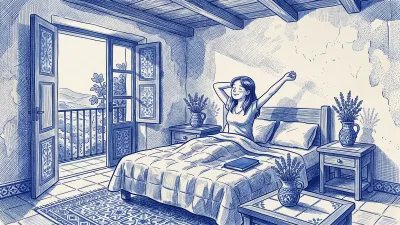 Editorial illustration: a property manager wakes up in a sun-filled Mediterranean room with open wooden shutters, ready to start the day