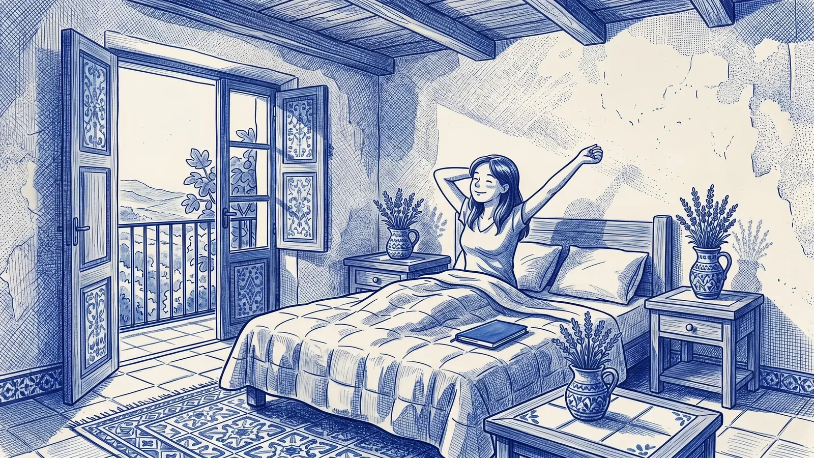 Editorial illustration: a property manager wakes up in a sun-filled Mediterranean room with open wooden shutters, ready to start the day
