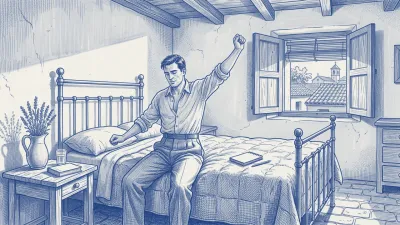 Editorial illustration: a property manager wakes up in a sun-filled Mediterranean room with open wooden shutters, ready to start the day
