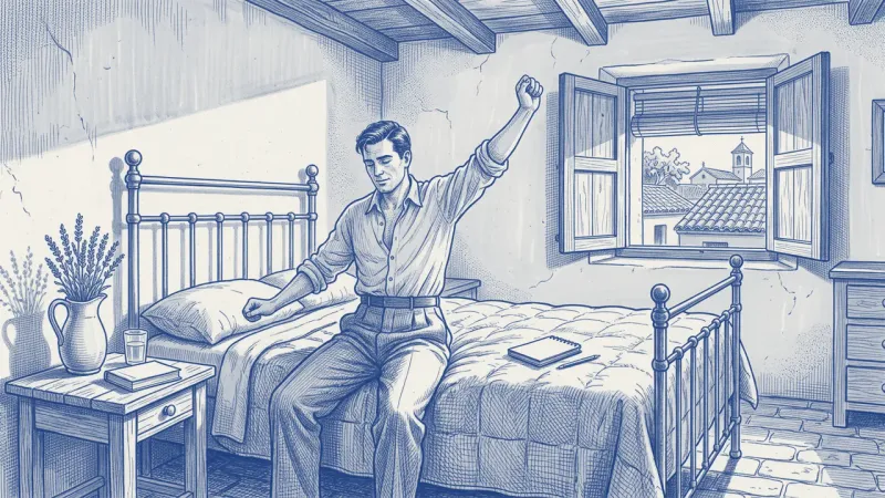 Editorial illustration: a property manager wakes up in a sun-filled Mediterranean room with open wooden shutters, ready to start the day