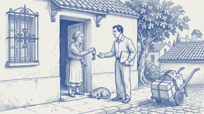 Azulejo en azul cobalto: en el umbral de una casa encalada, la propietaria saliente entrega un aro de llaves de hierro al gestor entrante, que llega con su carpeta; entre ambos, el gato de la casa duerme en el escalón sin intención de moverse; un carro con cajas atadas espera en la calle