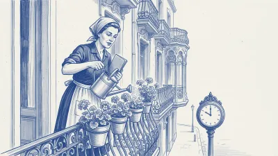 Cobalt-blue azulejo: a manager waters the geraniums on her modernist Eixample balcony in Barcelona while glancing at the wrought-iron street clock on the pavement below