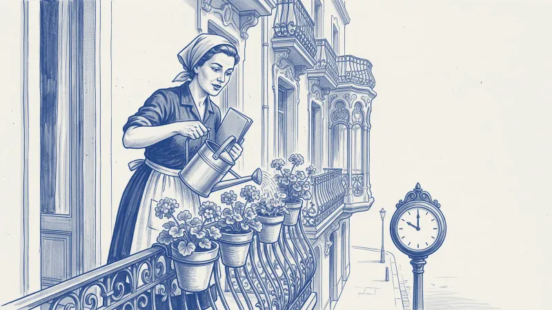 Cobalt-blue azulejo: a manager waters the geraniums on her modernist Eixample balcony in Barcelona while glancing at the wrought-iron street clock on the pavement below