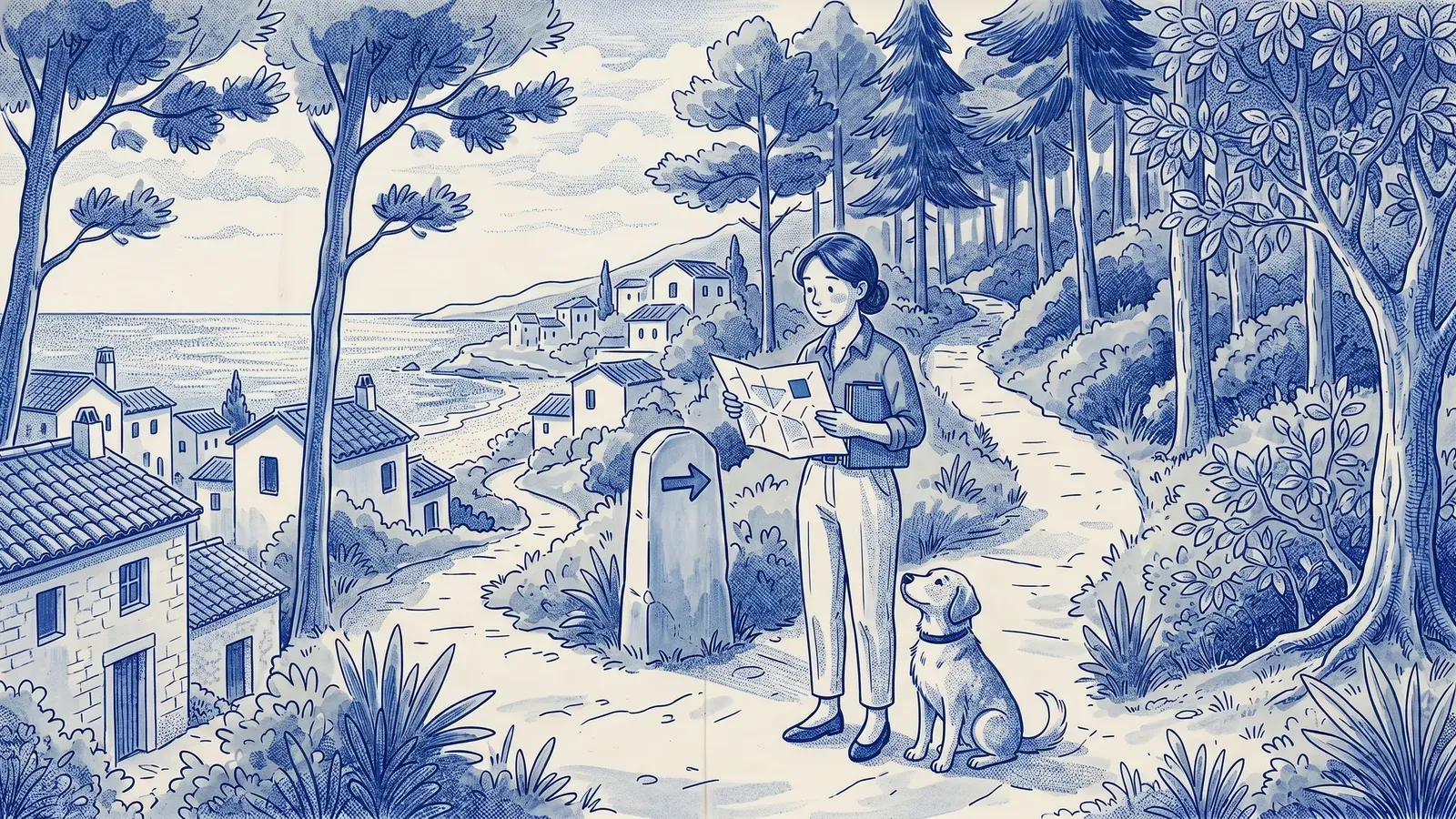 A manager with a blue folder studies a map at a fork: one path drops to a coastal village, the other climbs into pine forest; a dog looks up at her feet