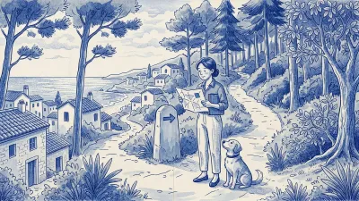 A manager with a blue folder studies a map at a fork: one path drops to a coastal village, the other climbs into pine forest; a dog looks up at her feet