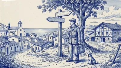 Una gestora con carpeta azul estudia un mapa en una bifurcación: un camino baja a un pueblo costero y otro sube a un bosque de pinos; un perro la mira a sus pies