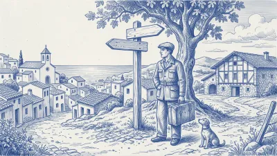 Una gestora con carpeta azul estudia un mapa en una bifurcación: un camino baja a un pueblo costero y otro sube a un bosque de pinos; un perro la mira a sus pies