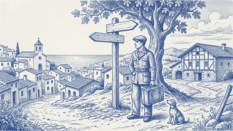 A manager with a blue folder studies a map at a fork: one path drops to a coastal village, the other climbs into pine forest; a dog looks up at her feet