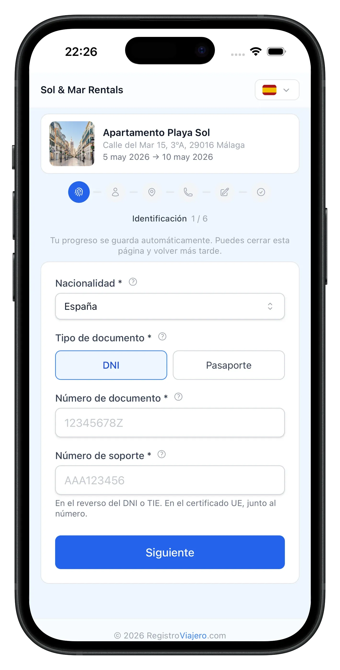 Guest check-in screen on a mobile device