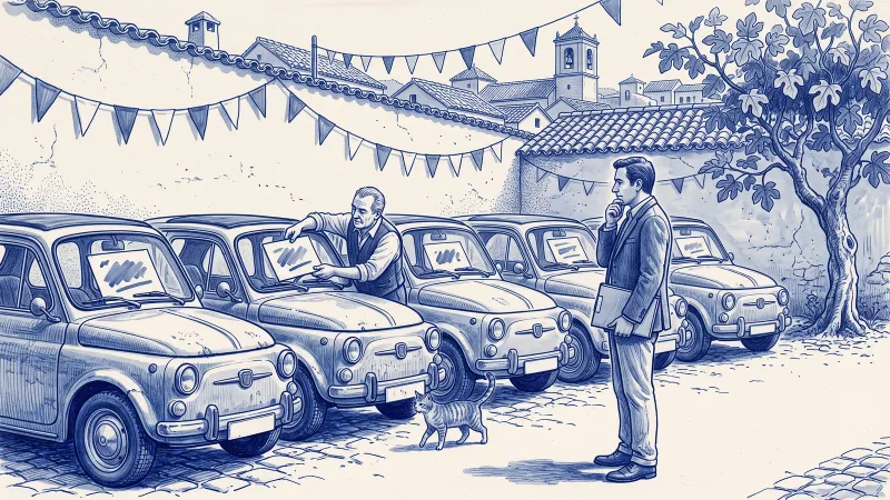 Un gestor con una carpeta bajo el brazo compara pensativo una hilera de coches antiguos casi idénticos, cada uno con una tarjeta de precio en blanco en el parabrisas, mientras el vendedor cambia una de las tarjetas; un gato entre las ruedas y, al fondo, tejados, un campanario y guirnaldas de banderines