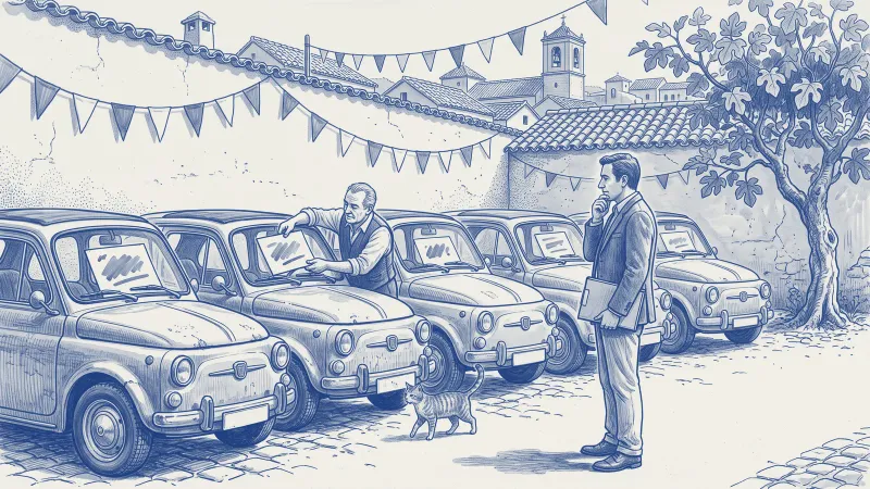Un gestor con una carpeta bajo el brazo compara pensativo una hilera de coches antiguos casi idénticos, cada uno con una tarjeta de precio en blanco en el parabrisas, mientras el vendedor cambia una de las tarjetas; un gato entre las ruedas y, al fondo, tejados, un campanario y guirnaldas de banderines