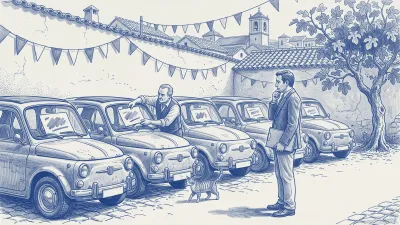 A property manager with a folder under his arm thoughtfully compares a row of nearly identical old cars, each with a blank price card on its windshield, while the seller swaps one of the cards; a cat between the wheels, with rooftops, a church tower and pennant bunting behind