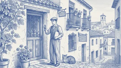 A property manager with a blue folder compares two key rings at a Spanish door: heavy iron keys and small brass ones; a cat watches from a flowerpot