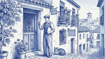 Una gestora con carpeta azul compara dos aros de llaves ante una puerta española: uno de hierro pesado y otro de latón pequeño; un gato observa desde una maceta