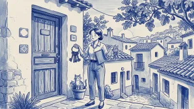 A property manager with a blue folder compares two key rings at a Spanish door: heavy iron keys and small brass ones; a cat watches from a flowerpot