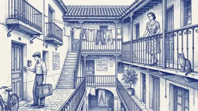 Azulejo en azul cobalto: en el patio de una corrala, un huésped con maleta abre una puerta con caja de llaves mientras una vecina observa con preocupación desde la galería de arriba; un gato cerca