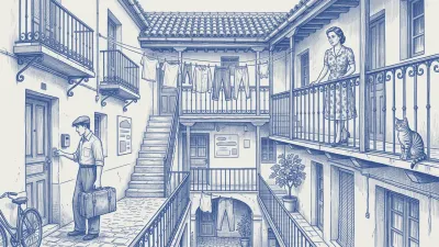 Azulejo en azul cobalto: en el patio de una corrala, un huésped con maleta abre una puerta con caja de llaves mientras una vecina observa con preocupación desde la galería de arriba; un gato cerca