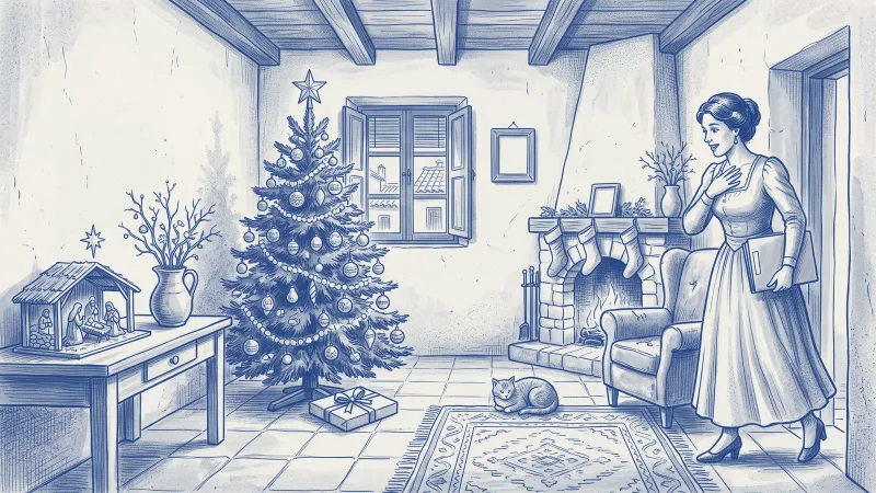 Escena en azulejo azul: en el salón de una casa española en Navidad, una mujer con vestido de época y una carpeta bajo el brazo se sorprende al ver bajo el árbol un regalo con forma de folio; al lado, un portal de Belén y una chimenea con calcetines