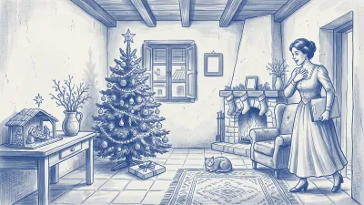 Escena en azulejo azul: en el salón de una casa española en Navidad, una mujer con vestido de época y una carpeta bajo el brazo se sorprende al ver bajo el árbol un regalo con forma de folio; al lado, un portal de Belén y una chimenea con calcetines