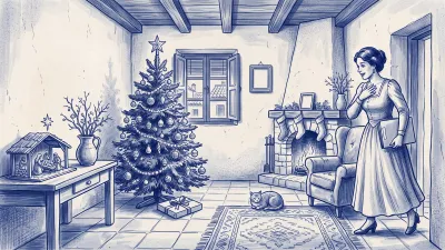 Escena en azulejo azul: en el salón de una casa española en Navidad, una mujer con vestido de época y una carpeta bajo el brazo se sorprende al ver bajo el árbol un regalo con forma de folio; al lado, un portal de Belén y una chimenea con calcetines