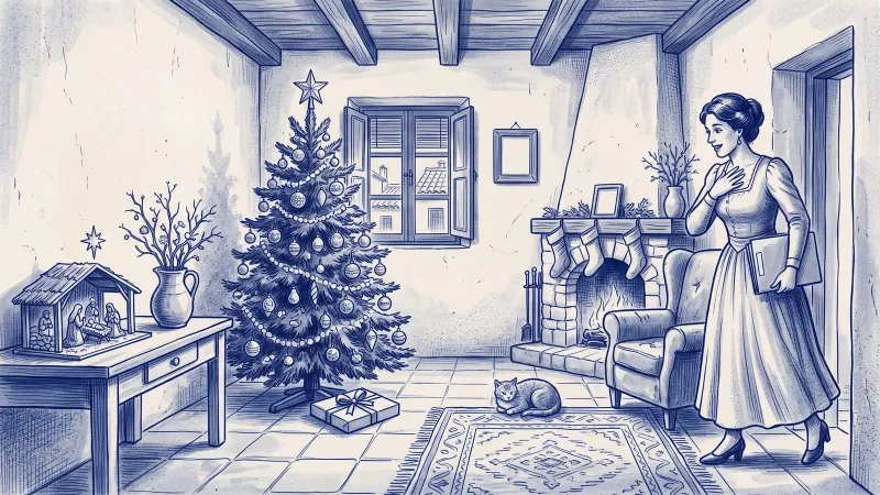 Escena en azulejo azul: en el salón de una casa española en Navidad, una mujer con vestido de época y una carpeta bajo el brazo se sorprende al ver bajo el árbol un regalo con forma de folio; al lado, un portal de Belén y una chimenea con calcetines