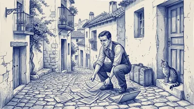 Un gestor tropieza en un callejón español y sus partes salen volando en diagonal; lleva una bandolera azul y un gato observa desde un balcón